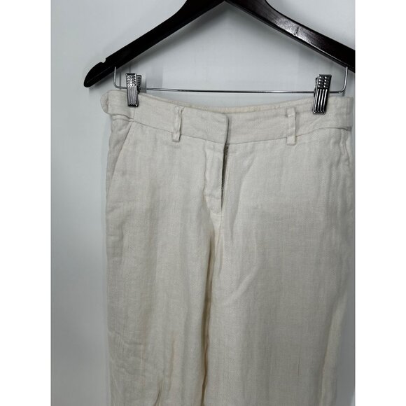 Tory Burch Women's white 100% Linen Pants Size 2 BUTTON Logo STRAIGHT LEG - Picture 2 of 5